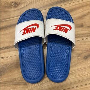 Nike Blue and White Slides with Red Logo
